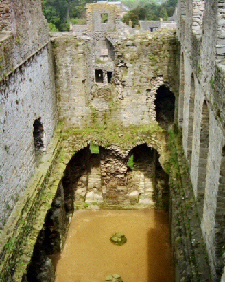 The remains of the great hall with cellars beneath Hill